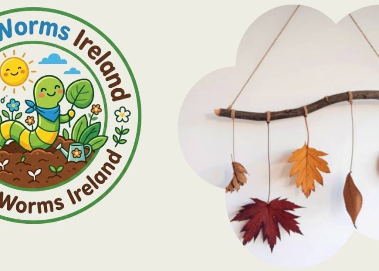 Children crafting a nature mobile indoors with leaves and twigs