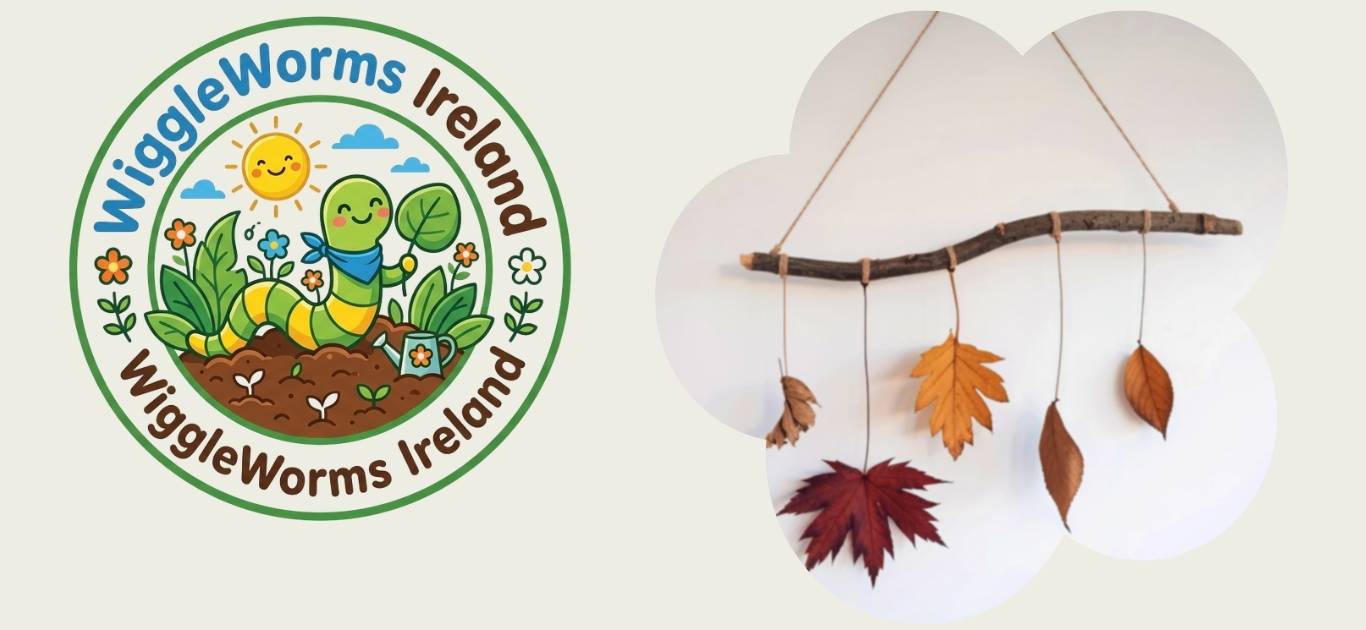 Children crafting a nature mobile indoors with leaves and twigs