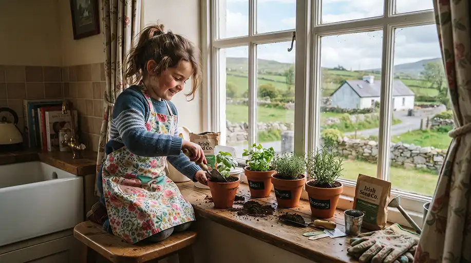Child preparing a small potted herb garden on an Irish kitchen windowsill